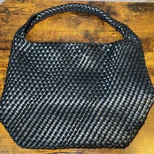 Basket Weave Black‎ Tote Bag Faux Leather Shoulder Hobo Bag Purse EUC